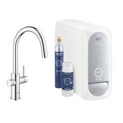 Baterie bucatarie Grohe Blue Home Duo cu dus extractibil, pipa C, sistem filtrare, racire si carbonatare, starter kit, crom