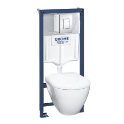 Obiecte sanitare Set complet Grohe Solido Perfect 4-in-1 cu vas wc suspendat cu capac inchidere lenta, rezervor incastrat cu cadru si clapeta Skate Cosmopolitan crom