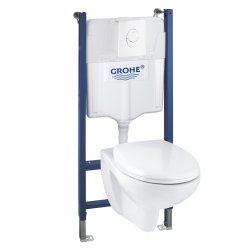 Obiecte sanitare Set complet Grohe Solido 4in1 cu vas wc Lecico Geo Rimless cu capac, rezervor incastrat cu cadru si clapeta Skate Air, alb