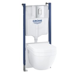 Obiecte sanitare Set complet Grohe Solido 5-in-1 cu vas wc Euro Ceramic, capac inchidere lenta, rezervor incastrat cu cadru si clapeta Arena Cosmopolitan crom