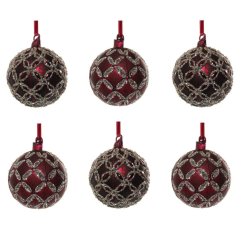 Craciun - Decoratiuni brad Set 6 decoratiuni brad Deko Senso Circle glob mix 8cm, sticla, rosu burgund cu detalii argintii