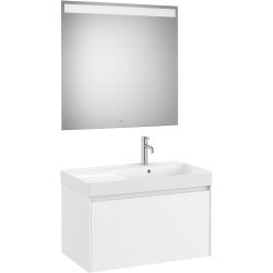Mobilier de baie Set mobilier Roca Ona cu dulap baza cu un sertar 80cm si lavoar asimetric orientare dreapta si oglinda cu iluminare LED, alb mat