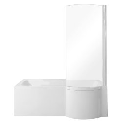 Cada baie asimetrica Besco Inspiro 150x70cm cu paravan sticla 1 element, orientare dreapta, masca inclusa, alb
