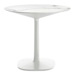 Mese dining Masa rotunda Kartell Multiplo design Antonio Citterio, d78cm, h74cm, baza patrata, blat cu finisaj marmura, alb