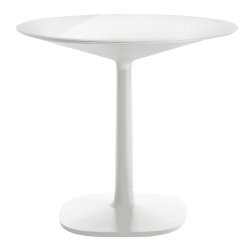 Mese dining Masa rotunda Kartell Multiplo design Antonio Citterio, d78cm, h74cm, baza patrata, blat sticla, alb