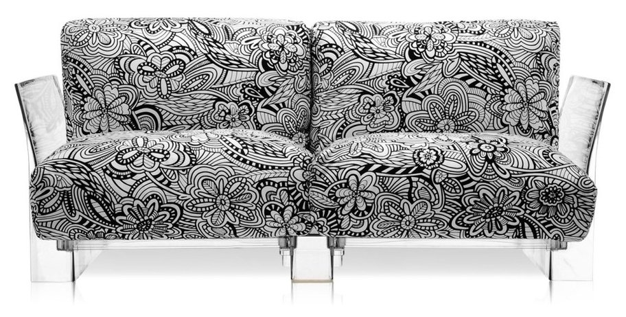 Canapea cu doua locuri Kartell Pop design Piero Lissoni & Carlo Tamborini cadru transparent tapiterie Missoni Cartagena alb-negru alb-negru