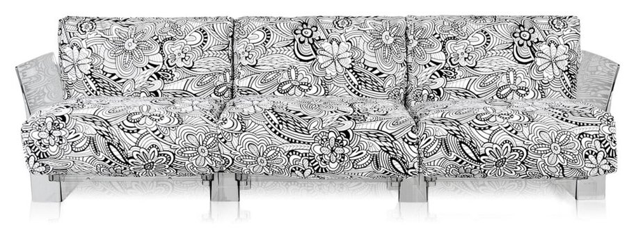 Canapea cu trei locuri Kartell Pop design Piero Lissoni & Carlo Tamborini cadru transparent tapiterie Missoni Cartagena alb-negru Kartell
