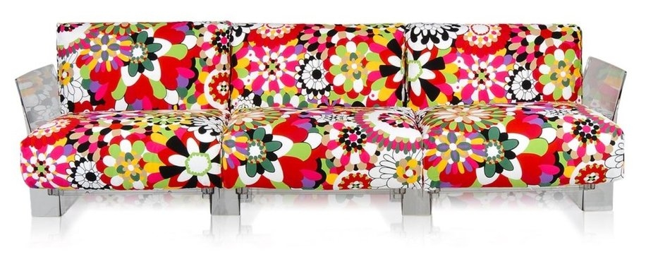 Canapea cu trei locuri Kartell Pop design Piero Lissoni & Carlo Tamborini cadru transparent tapiterie Missoni Vevey rosu Kartell